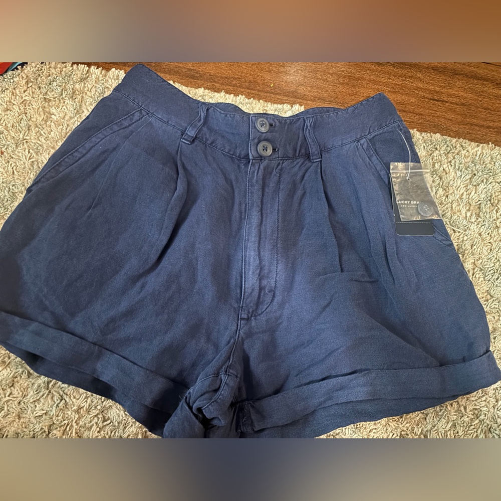 Lucky Brand Navy Blue High-Waist Linen Blend Shorts